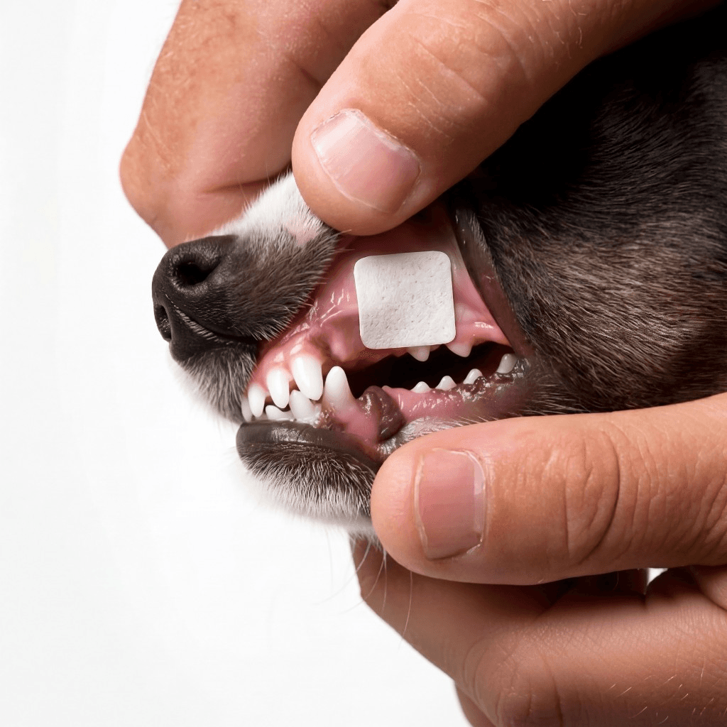 Applying a NanoMelt to a dog's gum