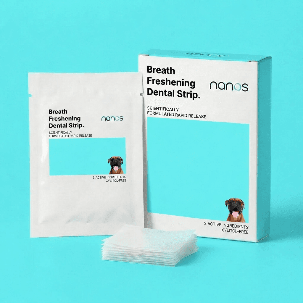 Nanos Breath Freshening Dental Strip box, pouch and strips