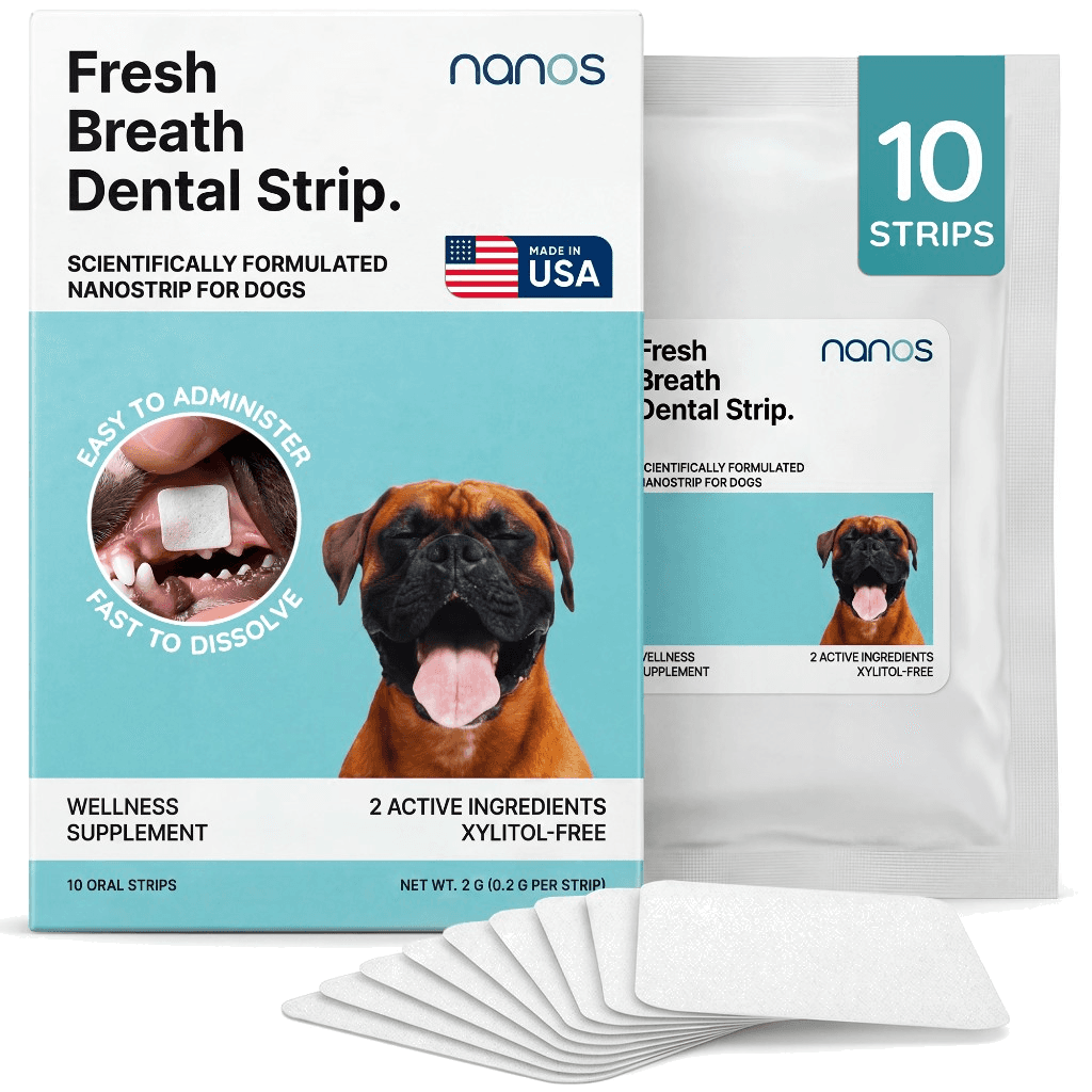 Nanos Fresh Breath Dental Strip box, pouch and strips
